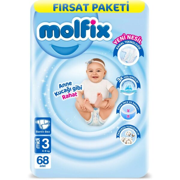 پوشک چسبی مولفیکس ترکیه سایز 3 بسته 68 عددی Molfix